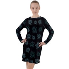 Blue Turtles On Black Long Sleeve Hoodie Dress