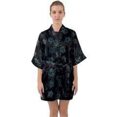 Blue Turtles On Black Half Sleeve Satin Kimono 