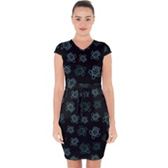 Blue Turtles On Black Capsleeve Drawstring Dress 