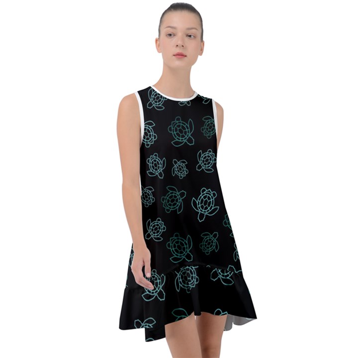 Blue Turtles On Black Frill Swing Dress