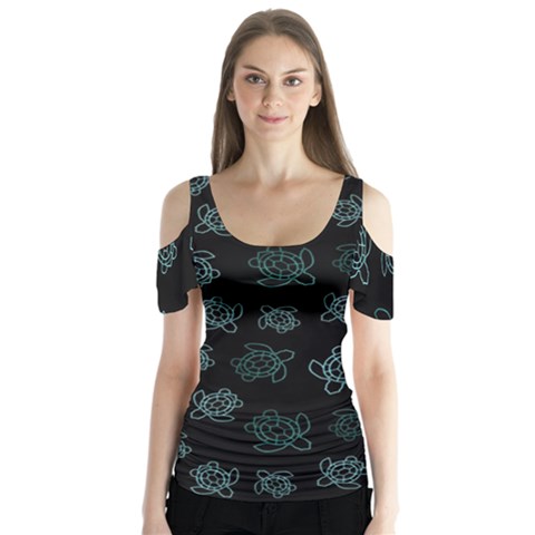 Blue Turtles On Black Butterfly Sleeve Cutout Tee  by contemporary