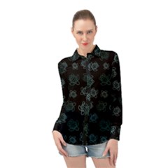 Blue Turtles On Black Long Sleeve Chiffon Shirt