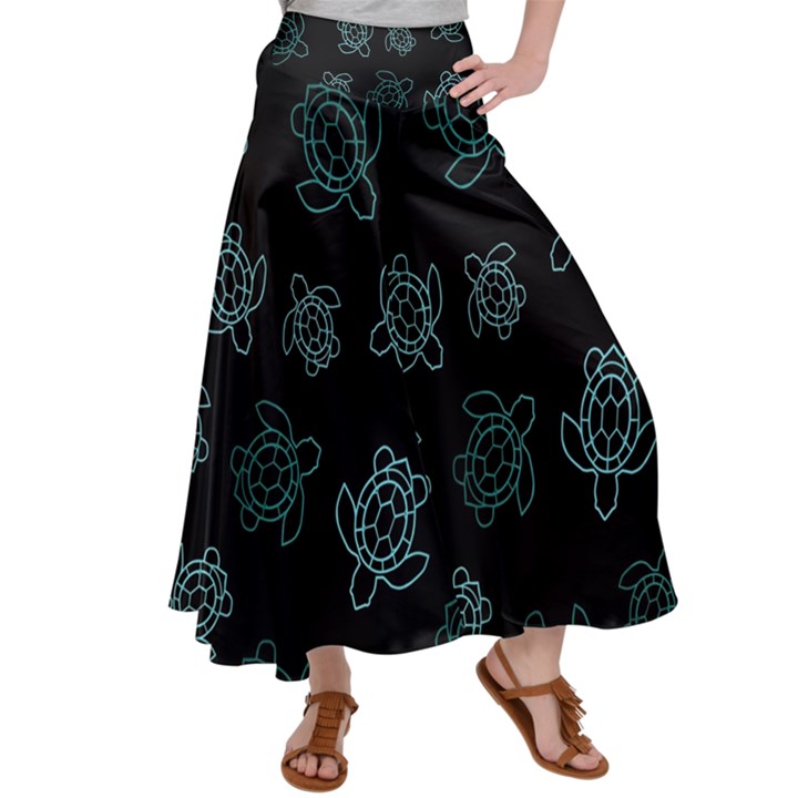 Blue Turtles On Black Satin Palazzo Pants