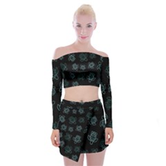 Blue Turtles On Black Off Shoulder Top With Mini Skirt Set