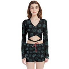 Blue Turtles On Black Velvet Wrap Crop Top And Shorts Set