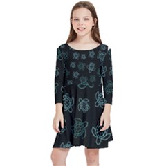 Blue Turtles On Black Kids  Quarter Sleeve Skater Dress