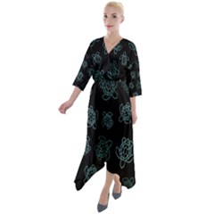 Blue Turtles On Black Quarter Sleeve Wrap Front Maxi Dress