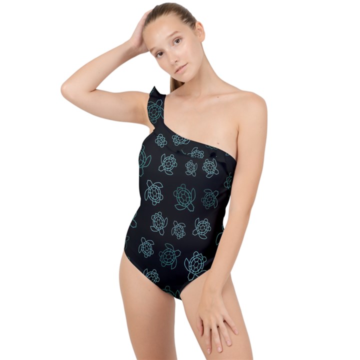 Blue Turtles On Black Frilly One Shoulder Swimsuit