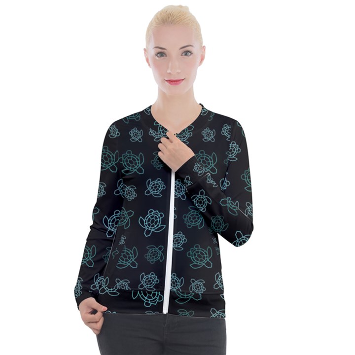 Blue Turtles On Black Casual Zip Up Jacket