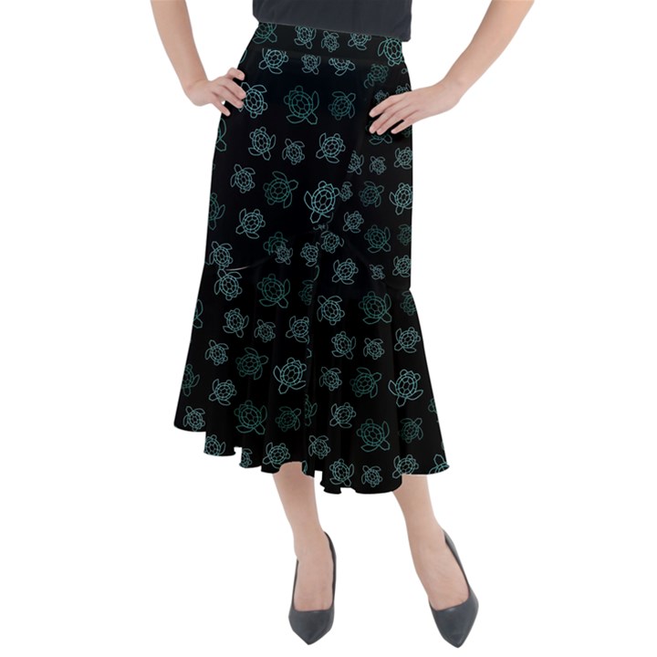 Blue Turtles On Black Midi Mermaid Skirt