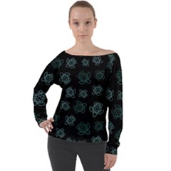 Blue Turtles On Black Off Shoulder Long Sleeve Velour Top