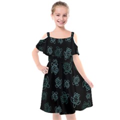 Blue Turtles On Black Kids  Cut Out Shoulders Chiffon Dress