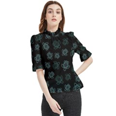 Blue Turtles On Black Frill Neck Blouse