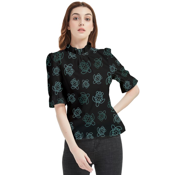 Blue Turtles On Black Frill Neck Blouse