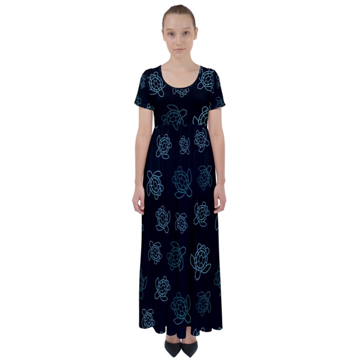 Blue Turtles On Black High Waist Short Sleeve Maxi Dress