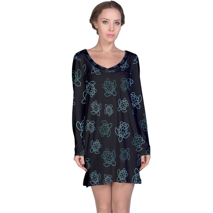 Blue Turtles On Black Long Sleeve Nightdress