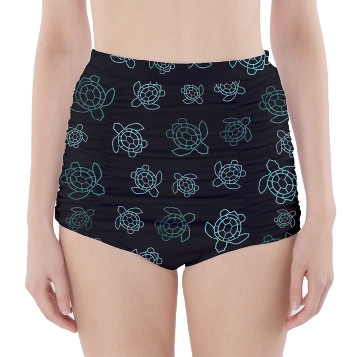 Blue Turtles On Black High-Waisted Bikini Bottoms