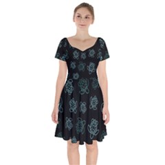 Blue Turtles On Black Short Sleeve Bardot Dress