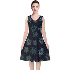 Blue Turtles On Black V-neck Midi Sleeveless Dress  by contemporary