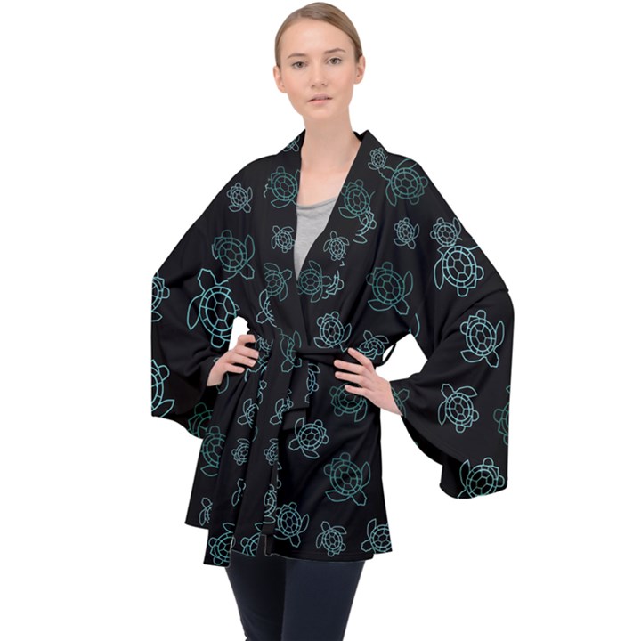 Blue Turtles On Black Long Sleeve Velvet Kimono 