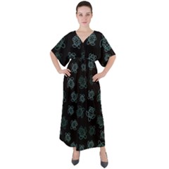 Blue Turtles On Black V-neck Boho Style Maxi Dress