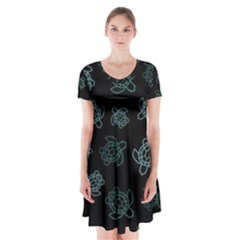 Blue Turtles On Black Short Sleeve V-neck Flare Dress by contemporary