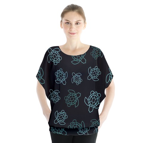 Blue Turtles On Black Batwing Chiffon Blouse by contemporary