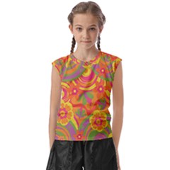 Geometric Floral Pattern Kids  Raglan Cap Sleeve Tee