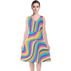 Psychedelic Groocy Pattern V-neck Midi Sleeveless Dress  by designsbymallika