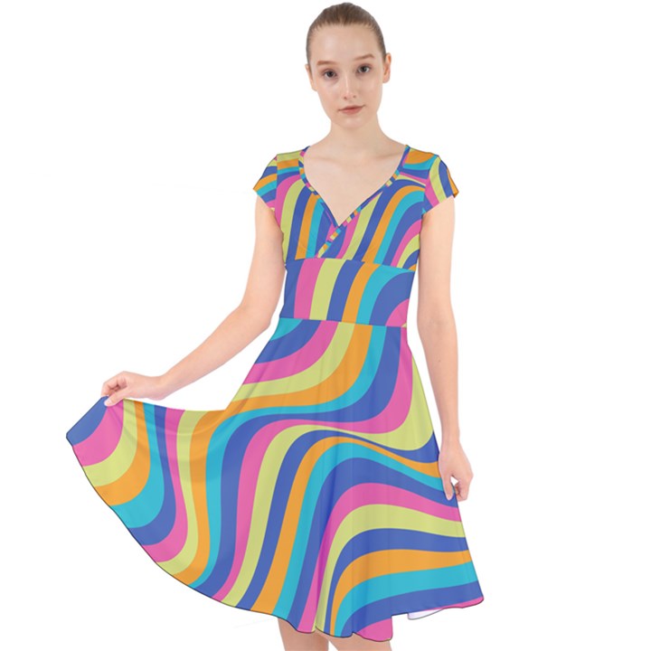 Psychedelic Groocy Pattern Cap Sleeve Front Wrap Midi Dress