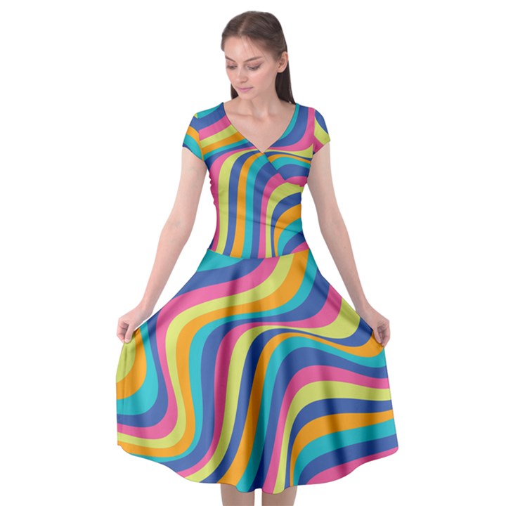 Psychedelic Groocy Pattern Cap Sleeve Wrap Front Dress