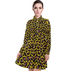 Pattern Leopard Yellow Fur Long Sleeve Chiffon Shirt Dress by JustToWear