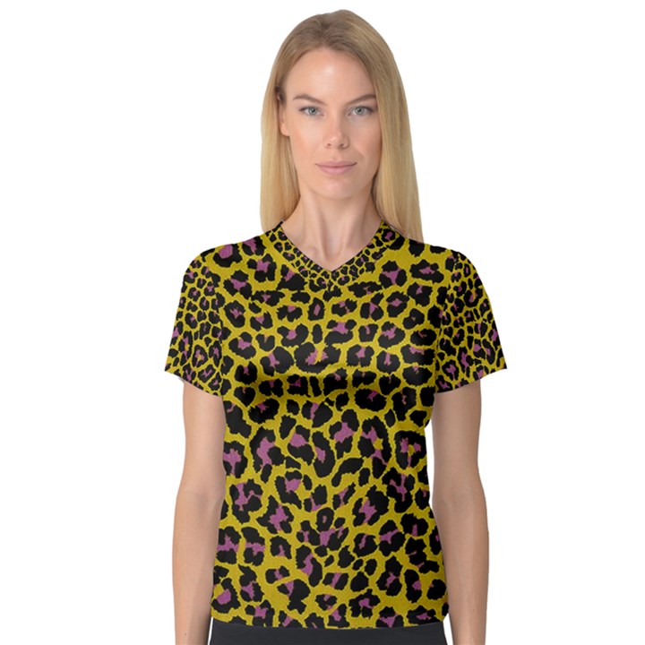 Pattern Leopard Yellow Fur V-Neck Sport Mesh Tee