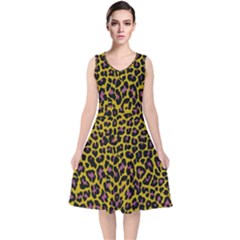 Pattern Leopard Yellow Fur V-neck Midi Sleeveless Dress  by JustToWear