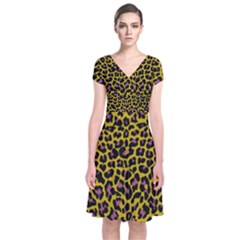 Pattern Leopard Yellow Fur Short Sleeve Front Wrap Dress by JustToWear