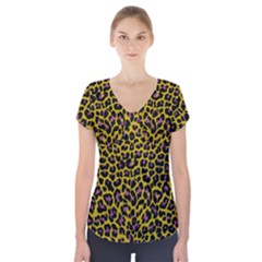 Pattern Leopard Yellow Fur Short Sleeve Front Detail Top by JustToWear