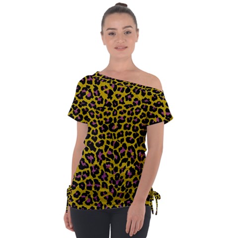 Pattern Leopard Yellow Fur Off Shoulder Tie-up Tee by JustToWear