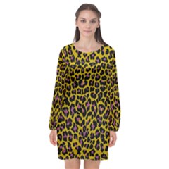 Pattern Leopard Yellow Fur Long Sleeve Chiffon Shift Dress  by JustToWear