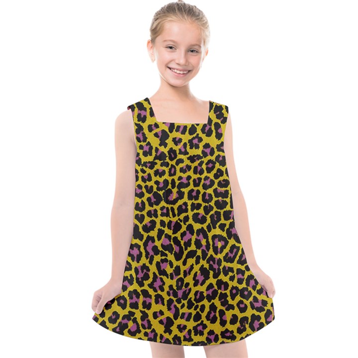 Pattern Leopard Yellow Fur Kids  Cross Back Dress