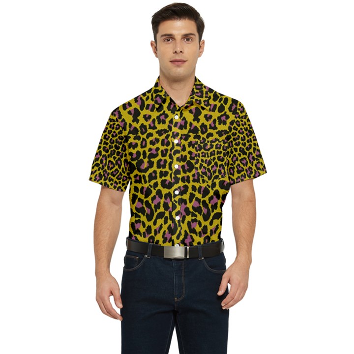 Pattern Leopard Yellow Fur Men s Short Sleeve Pocket Shirt 