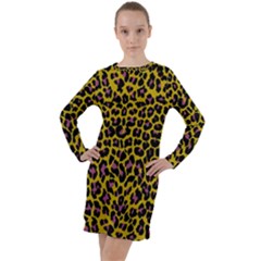 Pattern Leopard Yellow Fur Long Sleeve Hoodie Dress