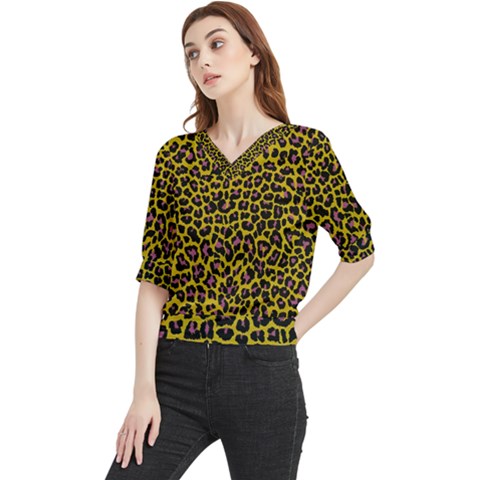 Pattern Leopard Yellow Fur Quarter Sleeve Blouse by JustToWear