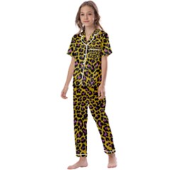 Pattern Leopard Yellow Fur Kids  Satin Short Sleeve Pajamas Set