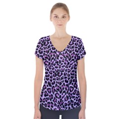 Pattern Leopard Purple Fur Short Sleeve Front Detail Top by JustToWear