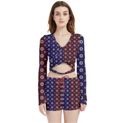 Baatik Print Velvet Wrap Crop Top And Shorts Set by designsbymallika