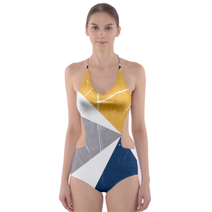 Abstrait triangles Jaune/Bleu/Gris Cut-Out One Piece Swimsuit