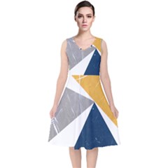 Abstrait Triangles Jaune/bleu/gris V-neck Midi Sleeveless Dress  by kcreatif