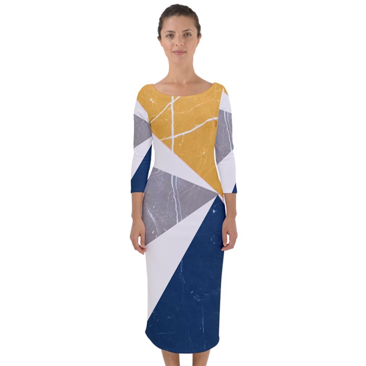 Abstrait triangles Jaune/Bleu/Gris Quarter Sleeve Midi Bodycon Dress