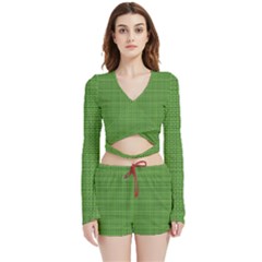 Green Knitted Pattern Velvet Wrap Crop Top And Shorts Set by goljakoff