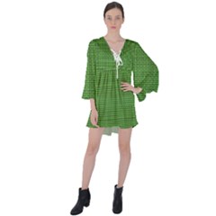 Green Knitted Pattern V-neck Flare Sleeve Mini Dress by goljakoff